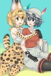  animal_ears backpack bag black_gloves black_hair bow bowtie cross-laced_clothes elbow_gloves gloves hair_between_eyes hat hat_feather helmet high-waist_skirt kaban_(kemono_friends) kemono_friends mizuumi_(bb) multiple_girls pith_helmet red_shirt serval_(kemono_friends) serval_ears serval_print serval_tail shirt short_hair shorts skirt sleeveless sleeveless_shirt striped_tail tail wavy_hair 