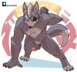  2018 abs anthro balls canid canine canis claws digital_media_(artwork) erection exercise eye_patch eyewear fur hair humanoid_penis looking_at_viewer male mammal muscular muscular_male negger nintendo nude pecs penis pubes purple_eyes push-up solo star_fox sweat video_games wolf wolf_o&#039;donnell 