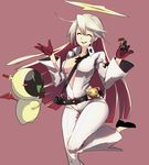 1girl :d ^_^ ahoge ankh bangs belt belt_buckle between_breasts black_belt black_footwear black_gloves blush blush_stickers bodysuit breasts breasts_apart buckle candy center_opening chocolate closed_eyes collarbone demon_wings familiar floating folded_leg food gloves green_eyes guilty_gear guilty_gear_xrd hair_between_eyes halo hands_up happy highres hips holding holding_food jack-o'_valentine jewelry knight_servant leg_lift leg_up lollipop long_hair looking_at_another medium_breasts mouth_hold multicolored multicolored_clothes multicolored_gloves multicolored_hair necklace no_bra open_mouth purple_background rdc7229 red_gloves red_hair shoes side_slit simple_background size_difference smile smiley_face standing standing_on_one_leg straight_hair strap strap_cleavage swept_bangs thighs two-tone_hair unzipped upper_teeth very_long_hair white_bodysuit white_hair wide_sleeves wings 
