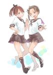  :d ayanami_(kantai_collection) brown_eyes brown_hair hair_ribbon hand_on_hip holding_hands kantai_collection kneehighs loafers matsutani multiple_girls necktie open_mouth pleated_skirt ponytail ribbon sailor_collar school_uniform serafuku shikinami_(kantai_collection) shoes short_hair side_ponytail simple_background skirt smile socks standing white_background 