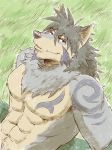  abs canid canine canis clothed clothing leaning leaning_back male mammal mane_hair muscular muscular_male navel nipples pecs run_aki tattoo temujin tokyo_afterschool_summoners topless video_games wolf 
