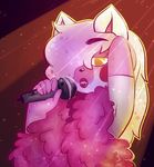  alternate_universe animatronic anthro blush canine feather_boa female five_nights_at_freddy&#039;s five_nights_at_freddy&#039;s_2 fox funtime_foxy_(fnaf) hair lipstick long_hair looking_at_viewer machine makeup mammal mangle_(fnaf) microphone noir robot sharp_teeth singing solo teeth unnecessaryfansmut video_games yellow_eyes 