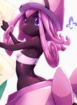  blue_eyes breasts bug butterfly dark_skin gen_7_pokemon insect long_hair mizuki_(pokemon) personification pokemon pokemon_(game) pokemon_sm purple_hair simple_background small_breasts solo tapu_lele tokyo_(great_akuta) white_background 