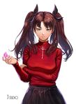  blue_eyes brown_hair fate/stay_night fate_(series) gem hair_ribbon highres joe_(j_studio) long_hair looking_at_viewer red_sweater ribbon shiny shiny_hair simple_background skirt solo standing sweater toosaka_rin twintails white_background 