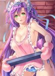  apron ass_visible_through_thighs blue_panties braid breasts brick_wall cleavage collarbone green_eyes hair_between_eyes headgear large_breasts leone_(sennen_sensou_aigis) lips long_hair looking_at_viewer makirin naked_apron open_mouth panties purple_hair sennen_sensou_aigis shiny shiny_skin sideboob solo striped striped_panties thighs twin_braids underwear 