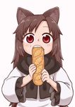  animal_ears baguette bangs blush bread brown_hair child dress eating food frilled_sleeves frills imaizumi_kagerou long_hair long_sleeves looking_at_viewer pink_background poronegi red_eyes simple_background solo swept_bangs teeth touhou upper_body very_long_hair white_dress wolf_ears younger 