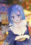  2015 bare_shoulders blue_eyes blue_hair blush breasts cleavage commentary_request covering covering_breasts dated double_bun festival japanese_clothes kantai_collection kimono large_breasts looking_at_viewer mimamui off_shoulder open_mouth signature smile solo upper_body urakaze_(kantai_collection) yukata 