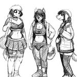  anthro big_breasts black_and_white breasts bulge canine cheerleader cleavage clothed clothing dickgirl dog ear_piercing facial_piercing female footwear group hair handbag hat hladilnik intersex jacket legwear lip_piercing mammal michelle_(hladilnik) monochrome piercing shoes skirt smile socks thigh_highs 