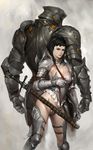  1girl armor back bikini_armor black_hair blue_eyes breasts collarbone copyright_request cowter crotch_plate delke_js feet_out_of_frame full_armor gauntlets gorget greaves grey_background height_difference helm helmet holding_strap large_breasts legs_apart lips looking_at_viewer looking_back pale_skin scabbard sheath sheathed short_hair shoulder_armor spaulders standing strap sword thigh_strap weapon 