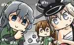  bismarck_(kantai_collection) brown_eyes brown_hair commentary dated dice eating fumizuki_(kantai_collection) gambling grey_eyes hamu_koutarou hat highres japanese_clothes kaiji kantai_collection kimono long_hair military_hat multiple_girls peaked_cap sarashi shaded_face silver_hair skewer sweat wavy_hair yamagumo_(kantai_collection) 