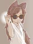  alternate_costume animal_ears bangs child closed_mouth expressionless imaizumi_kagerou long_hair looking_at_viewer meme poronegi salt salt_bae_(meme) shirt simple_background solo sunglasses swept_bangs t-shirt touhou upper_body very_long_hair white_shirt wolf_ears younger 