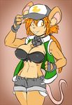  2016 4_fingers anthro athletic breasts chest_tuft clothed clothing duckdraw female fingerless_gloves freckles ginger_snap_(duckdraw) gloves hair hat inner_ear_fluff mammal mouse muscular muscular_female neckerchief nipple_bulge open_jacket orange_hair ponytail rodent shorts smile solo tuft yellow_eyes 