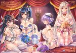  anna_(sennen_sensou_aigis) armlet ass bangs bare_shoulders black_hair blonde_hair blue_eyes blue_flower blue_hair blue_legwear blue_panties blue_rose blush bouquet breasts candle cleavage cover cover_page cross-laced_clothes curtains detached_collar doujin_cover elbow_gloves elmira_(sennen_sensou_aigis) flower garter_belt gloves hair_flower hair_ornament hair_ribbon hairband hat highres holding jewelry kneeling large_breasts leona_(sennen_sensou_aigis) lingerie long_hair looking_at_viewer looking_back makirin multiple_girls navel necklace open_mouth panties petals pink_flower pink_gloves pink_legwear pink_panties pink_rose purple_eyes purple_flower purple_hair purple_legwear purple_panties purple_rose red_eyes ribbon rose sennen_sensou_aigis short_hair side-tie_panties sideboob sitting sophie_(sennen_sensou_aigis) swept_bangs thighhighs twintails underwear underwear_only wariza white_gloves white_legwear yellow_flower yellow_rose yokozuwari 