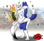  2014 4_toes 5_fingers amaterasu anthro black_nose black_sclera blue_fur blush breasts canine capcom countershading deity detailed_background digital_media_(artwork) digitigrade dipstick_tail duo embrace eye_contact eyebrows female fox fur gloves_(marking) green_eyes hair hi_res long_hair male male/female mammal markings multicolored_fur multicolored_tail nude open_mouth red_markings romantic_couple sex side_view socks_(marking) standing toes two_tone_fur two_tone_tail video_games white_fur white_hair wolf yellow_eyes yiffmasters ōkami 