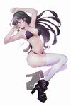  absurdres ankle_belt artist_name bad_id bad_pixiv_id bikini black_hair breasts covered_nipples earrings full_body high_heels highres jewelry long_hair looking_at_viewer lying medium_breasts on_back original outstretched_arms purple_eyes spread_arms suyari swimsuit thighhighs white_background white_legwear 