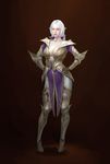  armor armored_boots bangku_an blue_eyes boots breasts cleavage collarbone contrapposto cowter full_body gloves hands_on_hips large_breasts lips pointy_ears realistic solo standing vambraces white_hair 