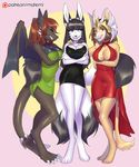  anthro canine clothed clothing dragon female group hair horn hybrid lagomorph looking_at_viewer mammal matemi rabbit smile wings 