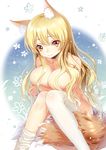  absurdres animal_ears blonde_hair breasts fox_ears fox_girl fox_tail haneru highres large_breasts long_hair looking_at_viewer nipples nude sitting smile solo tail thighhighs thighhighs_pull white_legwear yellow_eyes 