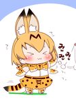  &gt;_&lt; :3 animal_ears bow bowtie chibi closed_eyes comic commentary_request elbow_gloves gloves kemono_friends sako_(bosscoffee) serval_(kemono_friends) serval_ears serval_print serval_tail shirt short_hair skirt slapping sleeveless sleeveless_shirt solo standing string tail thighhighs translated white_background white_shirt x3 