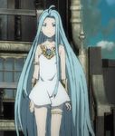  1girl :o absurdly_long_hair ahoge animated animated_gif arm_strap armpits bare_shoulders barefoot blue_eyes blue_hair blush choker dress gem granblue_fantasy long_hair lyria_(granblue_fantasy) panties simple_background sleeveless solo thigh_strap thighs very_long_hair white_dress 