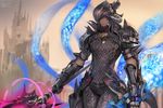  armor au_ra blurry blurry_background city dragoon_(final_fantasy) final_fantasy final_fantasy_xiv highres horns looking_at_viewer male_focus momoko_(momopoco) purple_eyes scales signature solo weapon 