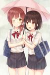  :d ;) bag bangs black_hair brown_hair commentary multiple_girls one_eye_closed open_mouth original pink_umbrella rain school_uniform shared_umbrella short_hair smile umbrella under_umbrella uniform wheel_(misoshire) yuri 