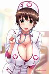  :d bangs blurry blush breasts brown_eyes brown_hair cleavage collarbone commentary_request depth_of_field hat heart heart_print highres huge_breasts idolmaster idolmaster_cinderella_girls leaning_forward looking_at_viewer nurse nurse_cap oikawa_shizuku open_mouth short_hair smile solo stethoscope twitter_username umasan upper_body 