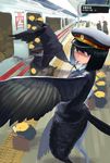  1girl bird black_hair cellphone chick chicken crow feathers furry harpy hat monster_girl original owl ryokukan suit tail train whistle 