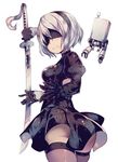  ass backless_dress backless_outfit black_gloves black_legwear blindfold breasts cleavage dress gloves hairband high_heels katana leotard medium_breasts mole mole_under_mouth multicolored multicolored_clothes multicolored_gloves nier_(series) nier_automata parororo pod_(nier_automata) short_hair skindentation skirt sword thighhighs thighs weapon white_gloves white_hair yorha_no._2_type_b 