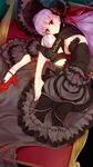  absurdres arm_belt bangs barefoot bb_(fate)_(all) bb_(fate/extra_ccc) belt_buckle black_choker black_dress bonnet bow breasts buckle choker cleavage dress fate/extra fate/extra_ccc fate/extra_ccc_fox_tail fate_(series) from_above frown gothic_lolita hat hat_ribbon highres leg_hug lolita_fashion long_hair long_sleeves looking_at_viewer lying mary_janes medium_breasts on_side petals purple_hair red_eyes red_footwear red_ribbon ribbon shoes single_shoe single_sock socks solo toes white_legwear wukloo 