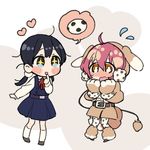  2girls animal_ears black_hair blue_eyes brown_eyes crossover dog_ears dog_tail food kitashirakawa_tamako long_hair mahou_shoujo_ikusei_keikaku mochi momose_(oqo) multiple_girls namesake pantyhose pink_hair polka_dot polka_dot_legwear short_hair tail tama_(mahoiku) tamako_market twintails wagashi 