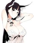  animal_ears armpits arms_up bare_shoulders black_hair blue_eyes breasts cleavage cuffs dress highres long_hair looking_at_viewer medium_breasts original shunsei_(muratou) white_dress 