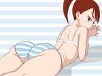  ass back bad_id bad_nijie_id bangs blue_bra blue_eyes blue_panties blush bra brown_hair closed_mouth crotch_seam from_behind hands_together interlocked_fingers looking_at_viewer looking_back lying marugori_(nijie719293) on_stomach original panties ponytail shadow short_ponytail solo striped striped_background striped_panties underwear underwear_only 