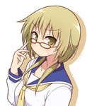  blonde_hair blue_sailor_collar blush collarbone eyebrows_visible_through_hair glasses ichii_yui long_hair looking_at_viewer mel_(melty_pot) necktie sailor_collar school_uniform school_uniform_(yuyushiki) serafuku solo sweat sweatdrop yellow_eyes yellow_neckwear yuyushiki 