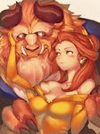  1girl bare_shoulders beast_(disney) beauty_and_the_beast belle_(disney) blue_eyes blue_suit breasts brown_eyes brown_hair claws cleavage collarbone couple dress earrings elbow_gloves eye_contact fangs fumio_(rsqkr) furry gloves gold_trim hair_bun half_updo hand_on_another's_face hand_on_hip hetero holding_hands horns jewelry light_smile long_hair looking_at_another medium_breasts off-shoulder_dress off_shoulder yellow_dress 