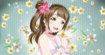  :d bangs blush bokutachi_wa_hitotsu_no_hikari brown_eyes brown_hair choker earrings floral_background flower hair_flower hair_ornament hands_together jewelry love_live! love_live!_school_idol_project minami_kotori one_side_up open_mouth otsuki_(aquatictai_cqb) pink_choker seiyuu smile solo striped striped_background uchida_aya upper_body vertical-striped_background vertical_stripes wrist_cuffs 