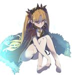  bangs bare_legs barefoot blonde_hair blush cape closed_mouth commentary_request earrings ereshkigal_(fate/grand_order) fate/grand_order fate_(series) from_above full_body fur-trimmed_cape fur_trim hair_ribbon jewelry knees_together_feet_apart light_particles long_hair ningen_(ningen96) parted_bangs red_cape red_eyes red_ribbon ribbon simple_background sitting skull smile solo tiara two_side_up white_background 