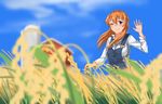  alternate_costume barn blue_eyes blurry blush casual charlotte_e_yeager cloud commentary day depth_of_field farm field grass hand_up highres hiroshi_(hunter-of-kct) light_smile long_hair older one_eye_closed orange_hair outdoors overalls sky solo strike_witches upper_body waving wind world_witches_series 