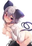  aki_(akikaze_asparagus) animal_ears ass blush breasts censored commentary_request eyebrows_visible_through_hair grey_hair highres large_breasts looking_at_viewer mouse_ears mouse_tail nazrin nipple_censor nose_blush red_eyes shirt short_hair simple_background skirt skirt_pull solo tail touhou undressing wavy_mouth white_background white_shirt 