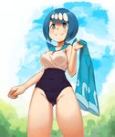  ass_visible_through_thighs bare_legs blue_eyes blue_hair blue_pants blue_sky blue_swimsuit blush breasts closed_mouth cloud cosplay covered_navel covered_nipples day groin highleg highleg_swimsuit holding_pants medium_breasts nyonn24 pants pants_removed pokemon pokemon_(anime) pokemon_sm_(anime) ponytail print_pants shirt sky sleeveless sleeveless_shirt smile solo standing suiren's_mother_(pokemon) suiren_(pokemon) suiren_(pokemon)_(cosplay) swimsuit swimsuit_under_clothes thighs white_shirt younger 