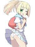  ass backpack bag blonde_hair braid from_side green_eyes lillie_(pokemon) long_hair looking_back naitou_kouse one_eye_closed open_mouth panties pokemon pokemon_(game) pokemon_sm ponytail shirt skirt smile solo underwear white_panties white_shirt white_skirt wind wind_lift 