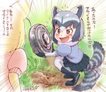 :d afterimage animal_ears black_hair blonde_hair blush brown_eyes commentary_request common_raccoon_(kemono_friends) doyagao emphasis_lines explosive fennec_(kemono_friends) flying_sweatdrops fox_ears from_side gloves grey_hair holding kemono_friends looking_at_another mine_(weapon) multicolored_hair multiple_girls open_mouth pantyhose puffy_short_sleeves puffy_sleeves raccoon_ears raccoon_tail short_hair short_sleeves silver_hair skirt smile sparkling_eyes speed_lines squatting striped_tail tail tail_wagging translated v-shaped_eyebrows weapon yabataso 
