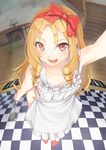  :d apron arm_up bare_arms bare_shoulders blonde_hair blurry blush bow checkered checkered_floor collarbone depth_of_field desk_lamp eromanga_sensei eyebrows_visible_through_hair fisheye frilled_apron frills goruva groin hair_bow hairband highres holding indoors ladle lamp long_hair looking_at_viewer naked_apron open_mouth perspective pov red_bow red_eyes red_hairband ringlets slippers smile solo stairs standing white_apron yamada_elf 