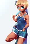  bare_shoulders blonde_hair blue_eyes breasts character_request commentary_request competition_school_swimsuit dark_skin flower food hair_flower hair_ornament hand_on_hip highres leg_lift one-piece_swimsuit pokemon pokemon_(game) pokemon_sm popsicle short_hair short_shorts shorts small_breasts solo swimsuit swimsuit_under_clothes tank_top tokyo_(great_akuta) 