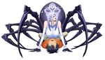  1girl arachne bare_shoulders black_hair blank_eyes breasts claws cover_image detached_sleeves extra_eyes eyes_visible_through_hair full_body hair_between_eyes hair_over_eyes hetero insect_girl kurusu_kimihito large_breasts lavender_hair lying monster_girl monster_musume_no_iru_nichijou multiple_legs official_art okayado rachnera_arachnera red_eyes shirt simple_background smile solid_eyes spider_girl sweatdrop taut_clothes taut_shirt white_background 