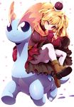  amaura blonde_hair boots breasts character_request crown gen_6_pokemon grin highres long_hair looking_at_viewer medium_breasts mini_crown one_eye_closed pantyhose pokemon pokemon_(creature) pokemon_(game) pokemon_xy red_eyes skirt smile solo tokyo_(great_akuta) 