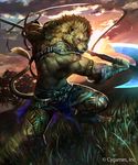  2016 action_pose anthro armband armor axe barefoot belt biceps big_muscles black_claws claws clothed clothing cloud detailed digital_media_(artwork) digitigrade fangs feline fighting_stance fur grass hi_res holding_object holding_weapon koutanagamori lion loincloth looking_at_viewer male mammal mane melee_weapon muscular muscular_male open_mouth orange_eyes orange_fur outside raised_tail sky solo sunset tail_tuft topless tree tuft unconvincing_armor weapon whiskers 
