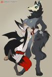 anthro breasts canine duo featureless_breasts female hug hybrid looking_at_viewer male mammal matemi skull tongue tongue_out wings 
