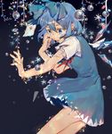  black_background blue_eyes blue_hair bow bubble christmas_lights cirno crying dress eyelashes hair_bow hand_on_own_face highres ice ice_wings letter lights looking_down neck_ribbon outstretched_arm ribbon sad shirt short_hair sketch snowflakes solo tears tian_(my_dear) torn_clothes torn_dress torn_shirt torn_sleeves touhou wings 