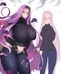 belly breasts cosplay denim fate/grand_order fate_(series) gigantic_breasts glasses gorgon_(fate) jeans large_breasts long_hair looking_down midriff multiple_girls navel panties pants pink_eyes plump purple_hair rider rider_(cosplay) scales sekiyu_(spartan) simple_background snake_hair sweatdrop sweater thick_thighs thighs translation_request trembling turtleneck turtleneck_sweater underwear very_long_hair weight_conscious white_background white_panties 